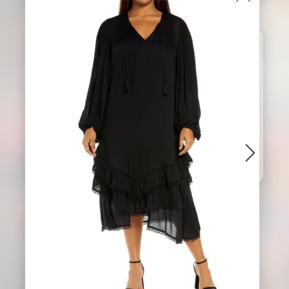 NWT NEVER FULLY DRESSED Blouson Sleeve Black Boho Ruffled MIDI Dress 14